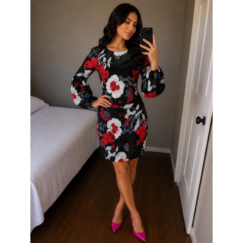 Madison Leigh Women Medium Velvet Floral Ballon Sleeve WhimsiGoth Romance Dress